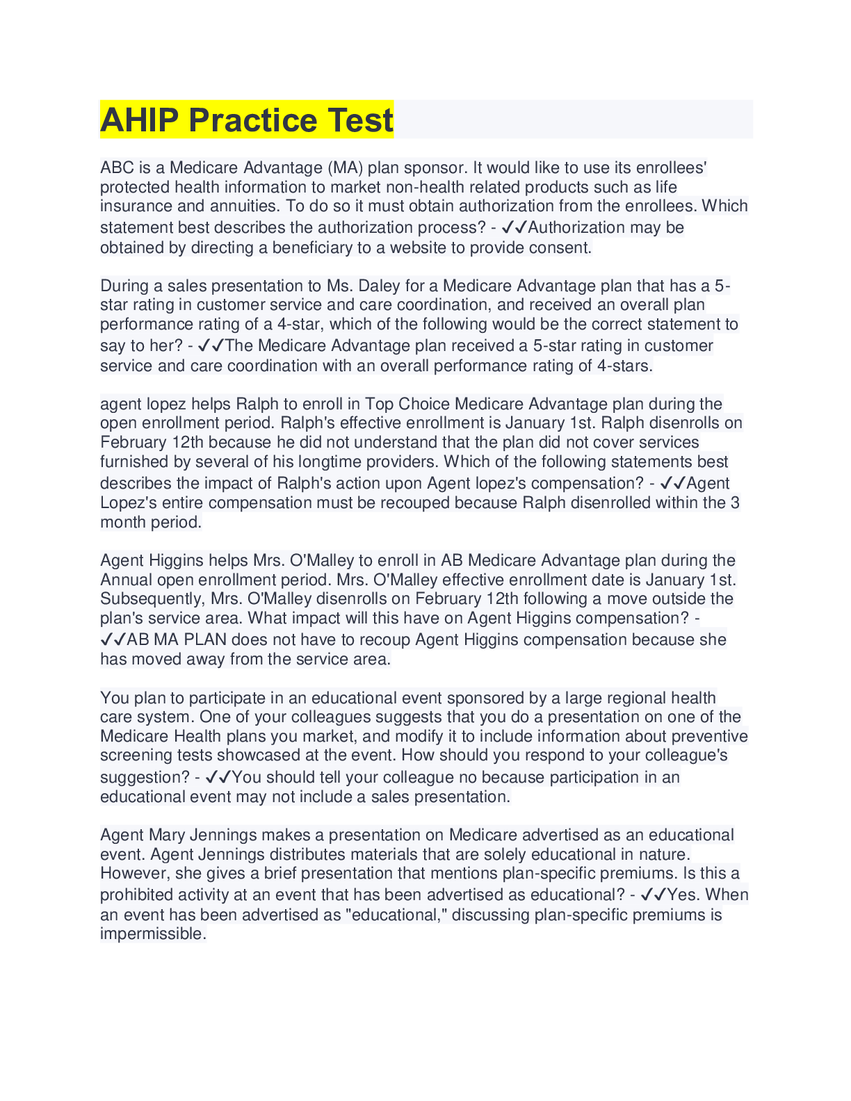 Preview of AHIP 2022 Exam Practice ( with complete solution)